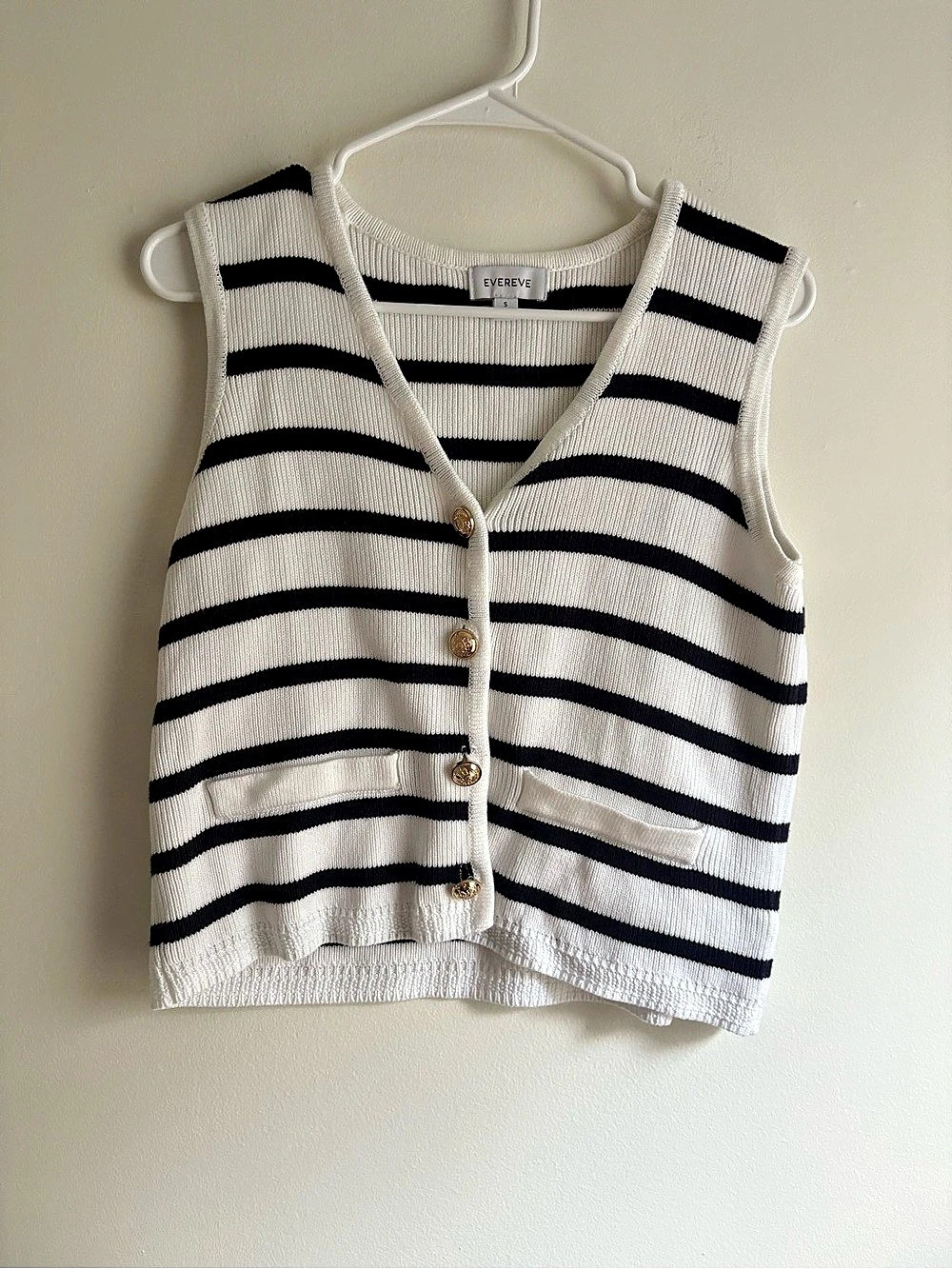 EVEREVE Navy & White Striped Knit Sweater Vest, Small, Gold Buttons